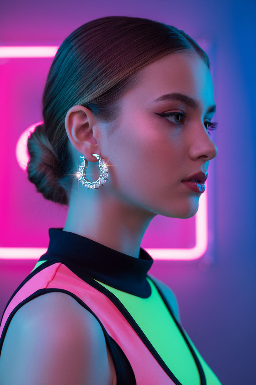 Gen Alpha Girl Wearing Silver Crystal Pavé Hoops