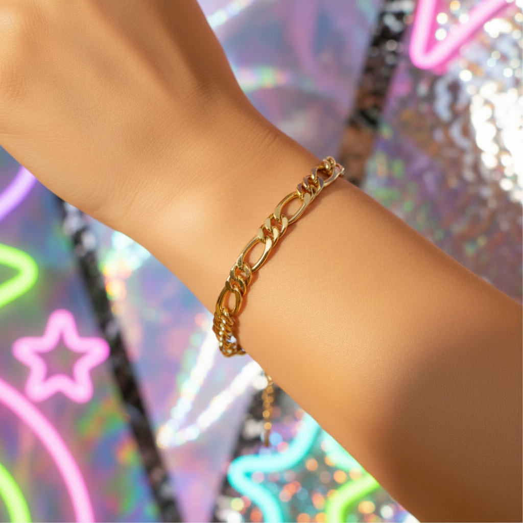 Gold Figaro Bracelet on Wrist — Gen Z Background
