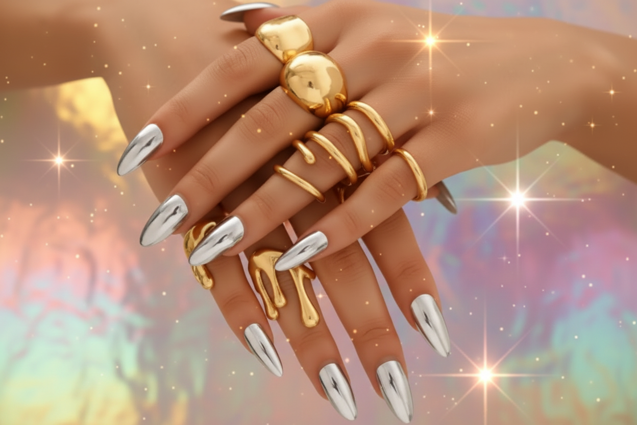Gold Ring Stack Chrome Nails