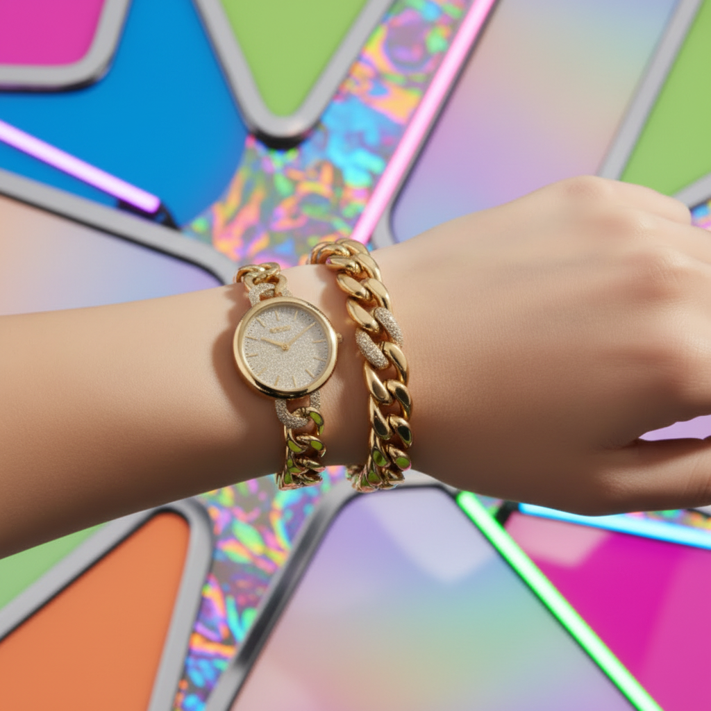 Gold Watch & Bracelet Stack on Wrist — Gen Z Background