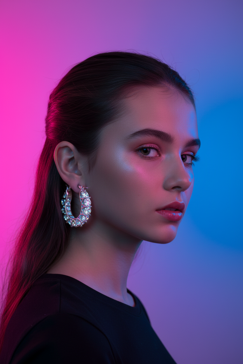 Gen Alpha girl wearing silver crystal pavé hoop earrings