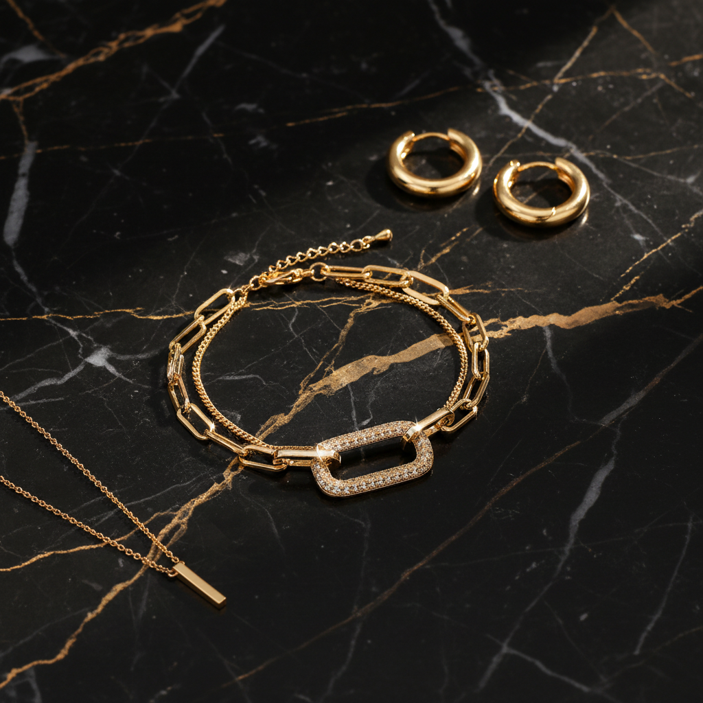 Double-layer gold chain bracelet styled with gold accessories on black and gold marble
